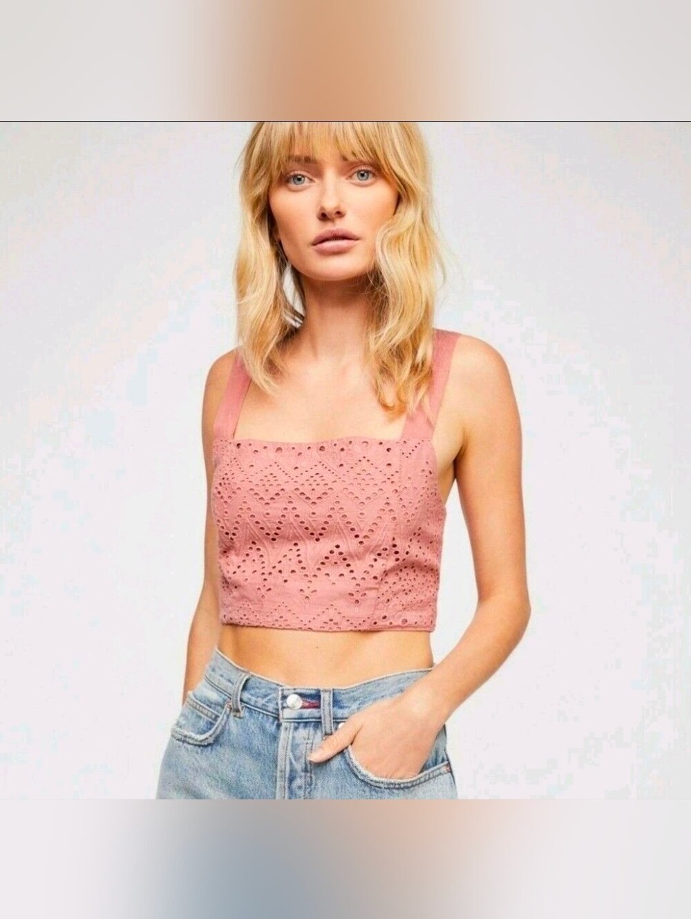 Free People Mon Cheri Smocked Back Cropped Top Medium Eyelet Tie Back Cotton